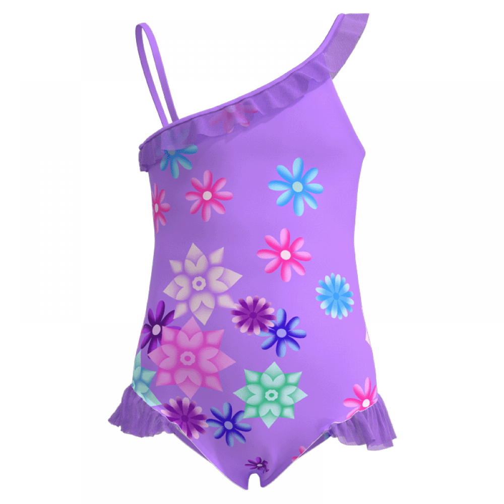 Encanto Girls Swimsuit Floral Ruffle One Shoulder Monokini Swimwear Beach Bathing Suit For Kids Purple